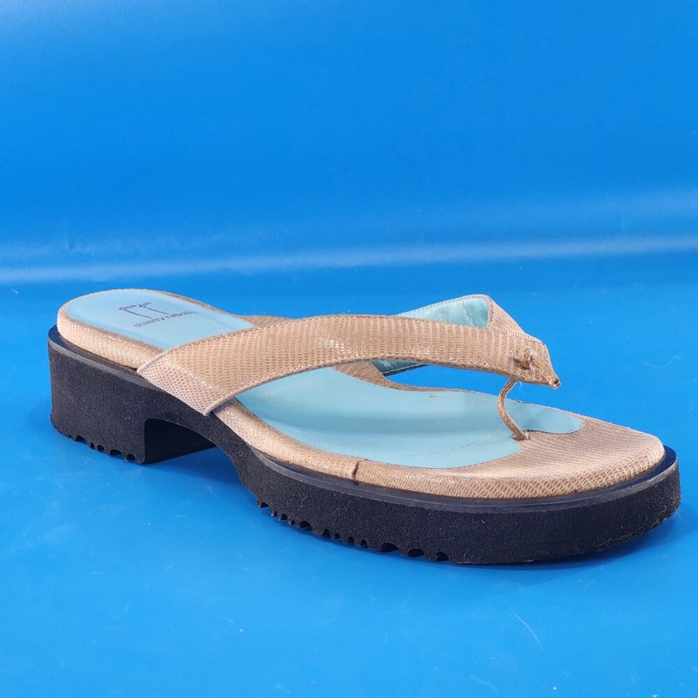 THIERRY RABOTIN Tan Leather Platform Thong Slide‎ Sandals
